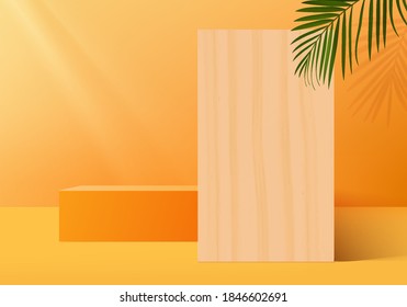 Scene abstract minimal scene with geometric platform. Summer background vector 3d rendering with podium. Cylinder to show cosmetic product. scene showcase on pedestal modern 3d studio orange pastel