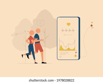 Scene of an abstract running couple in the park using health lifestyle app tracking report