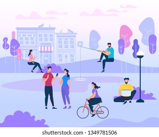 Scene with Active Family Vacation. People Groups on Bbq Picnic, Fishing, Wqalking Dogs. Happy Couples and Characters in Various Outdoor Activity in Summer City Park. Cartoon Flat Vector Illustration.