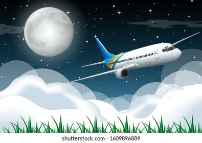 Scene with airplane flying in the night illustration
