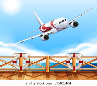 Scene with airplane flying over the bridge illustration