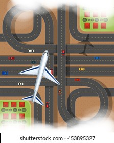 Scene with airplane flying over the express way illustration