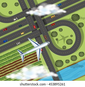 Scene with airplane flying over farmlands illustration