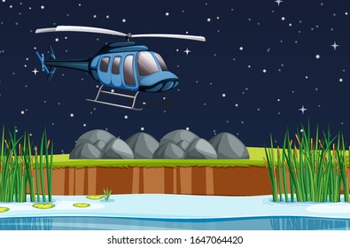 Scene with airplane flying in the sky at night illustration