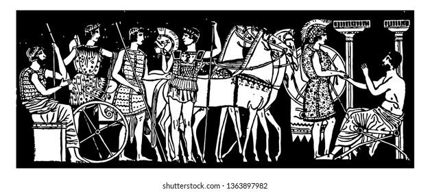 A scene from Ancient Greece with soldiers and horses, vintage line drawing or engraving illustration.