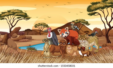 Scene with animals by the pond illustration