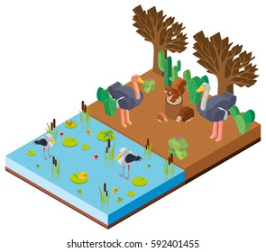 Scene with animals by the river in 3D design illustration