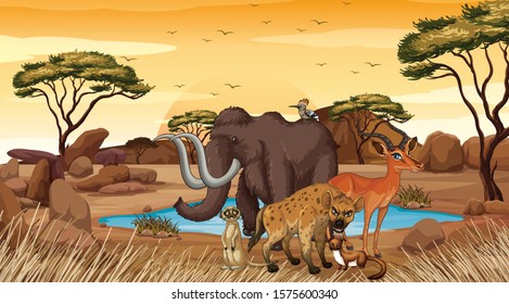 Scene with animals in desert field illustration