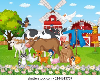 Scene with animals in the farm illustration