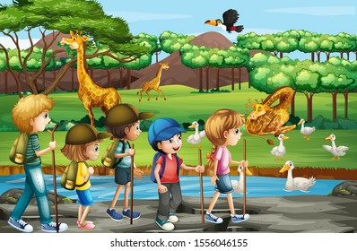 Scene with animals and kids at the open zoo illustration