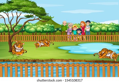 Scene with animals and people at the zoo illustration