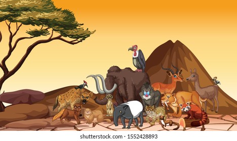 Scene with animals in the savanna field illustration