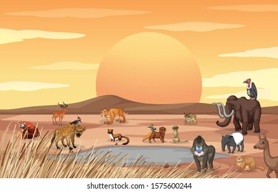 Scene with animals in the savannah desert illustration