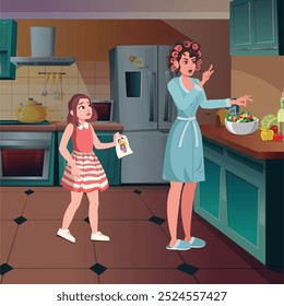 Scene for animation layers cartoon illustration woman and a child in a kitchen