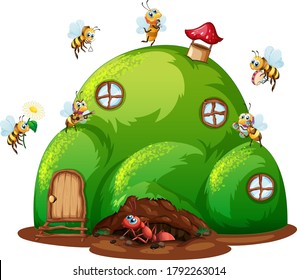 Scene with ant and bees on the hill house illustration