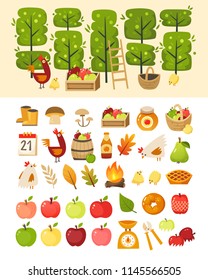 A scene with apple garden trees and elements in front of it. Plus icons of various apple theme items, foods and containers.  Isolated vector illustrations