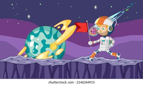 Scene with astronaut putting flag on planet illustration