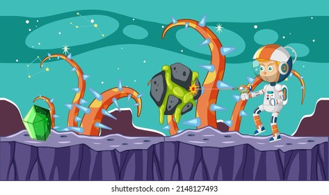 Scene with astronaut shooting alien in space illustration