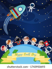 Scene with astronauts in dark space for Earth day illustration