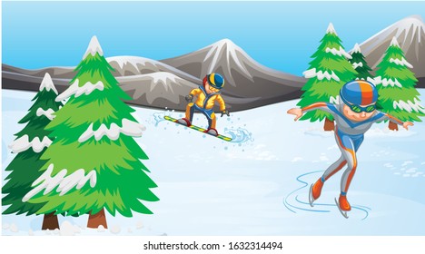 Scene with athletes doing winter sports in the field illustration