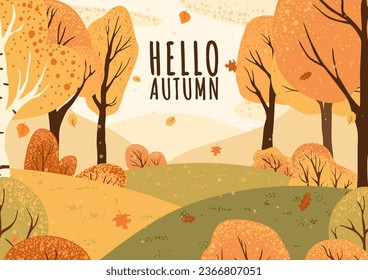 Scene with autumn trees and bushes. Countryside landscape. Isolated on white background. Autumn nature. Stock vector illustration