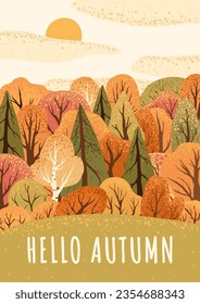 Scene with autumn trees and bushes. Hello autumn. Countryside landscape. Fall nature. Stock vector illustration