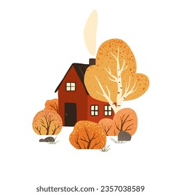 Scene with autumn trees and bushes and red house. Countryside landscape. Isolated on white background. Autumn nature. Stock flat vector illustration
