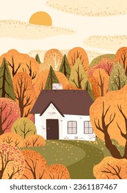 Scene with autumn trees and bushes and white house. Countryside landscape. Isolated on white background. Autumn nature. Stock flat vector illustration