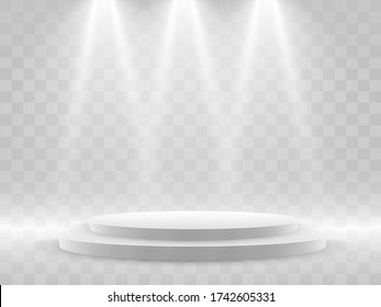 Scene for the award ceremony. Pedestal. Floodlight. Vector illustration. Podium in the light in the stars.