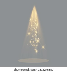 Scene for the award ceremony. Pedestal. Floodlight. Vector illustration. Podium in the light in the stars.