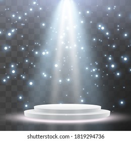 Scene for the award ceremony. Pedestal. Floodlight. Vector illustration. Podium in the light in the stars.