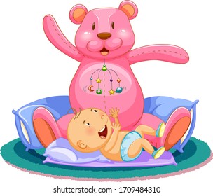 Scene with baby sleeping in bed with giant teddy bear illustration