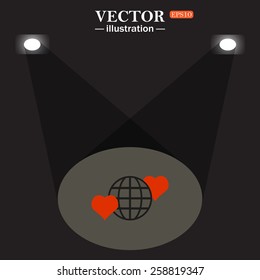 Scene with back light. Lights. Light.  Icon planet and two red hearts. Symbol of love between the nation. Globe.  vector illustration, EPS 10 