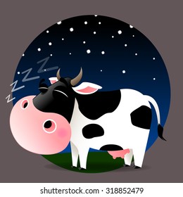 scene; background; cow; standing; smile; horn; hoof; milk; farm; sun; sunshine; animals; nature; drawing; vector; illustration