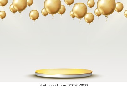 Scene background. Cylinder podium background with balloon and ribbons. Product presentation, mock up, show happy product, Podium, stage pedestal or platform. Vector illustration