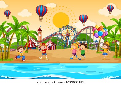 Scene background design with children at the carnival illustration