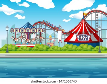 Scene background design with circus rides at daytime illustration