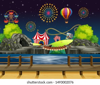 Scene background design with fireworks at the carnival  illustration