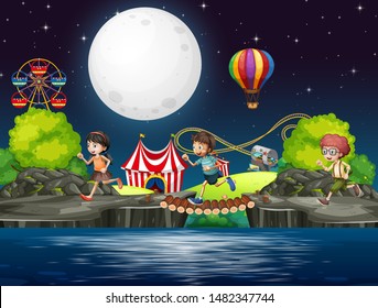 Scene background design with kids in the circus at night illustration