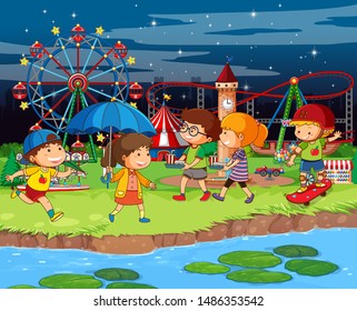 Scene background design with kids at funfair illustration
