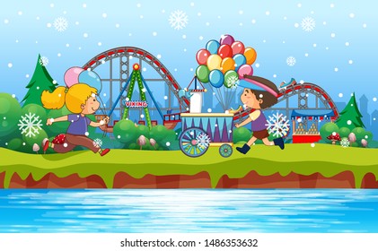 Scene background design with kids in the park illustration