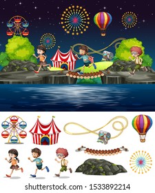 Scene background design with people playing in circus illustration