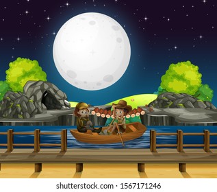 Diseño de fondo de escena con gente remando botes en ilustración nocturna