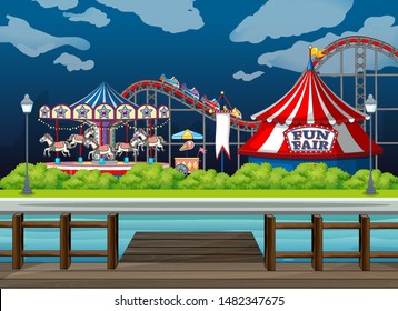 Scene background design with rides at the circus illustration