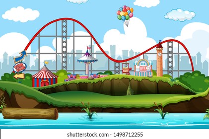 Scene background design with roller coaster and other rides illustration