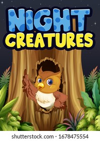 Diseño de fondo de escena para criaturas de la noche de la palabra con ilustración aérea de búho