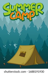 Scene background design for word summer camp with tent in the forest illustration