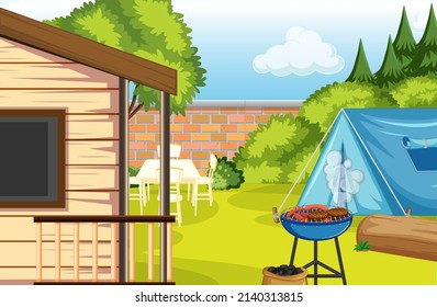 Scene of backyard with camp and campfire illustration