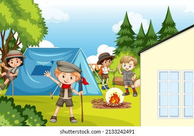 Scene of backyard and camp with kids and fence illustration