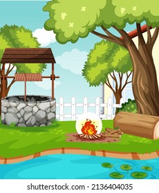 Scene of backyard with campfire and fence illustration